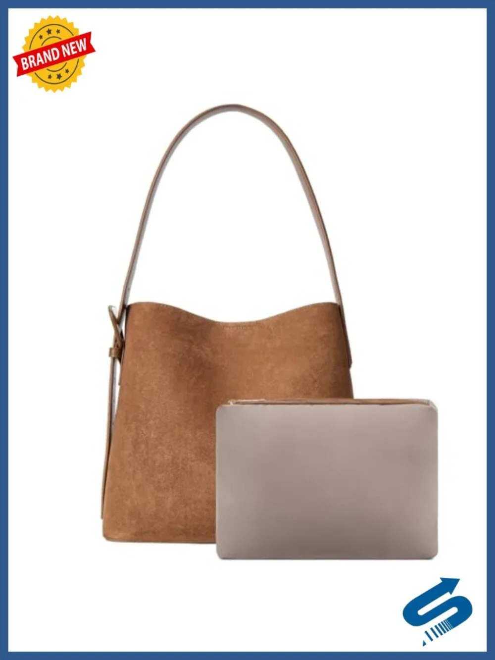 Faux Suede Bucket Bag with Adjustable Strap and Detachable Pouch